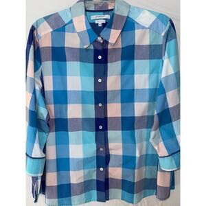 Foxcroft Wrinkle Free 22W Shaped Blue Gingham Button Shirt 3/4 Sleeve Women's